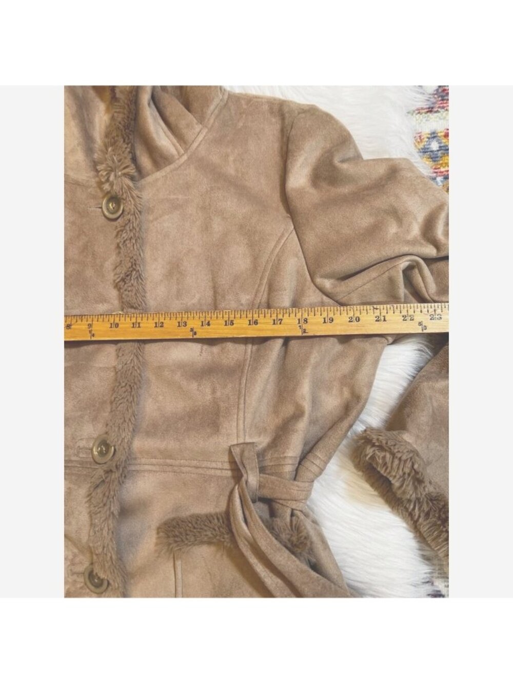 Jones New York Womens Jacket Coat XL Brown Buttons Hooded Faux Fur Trim V Neck - Picture 3 of 8